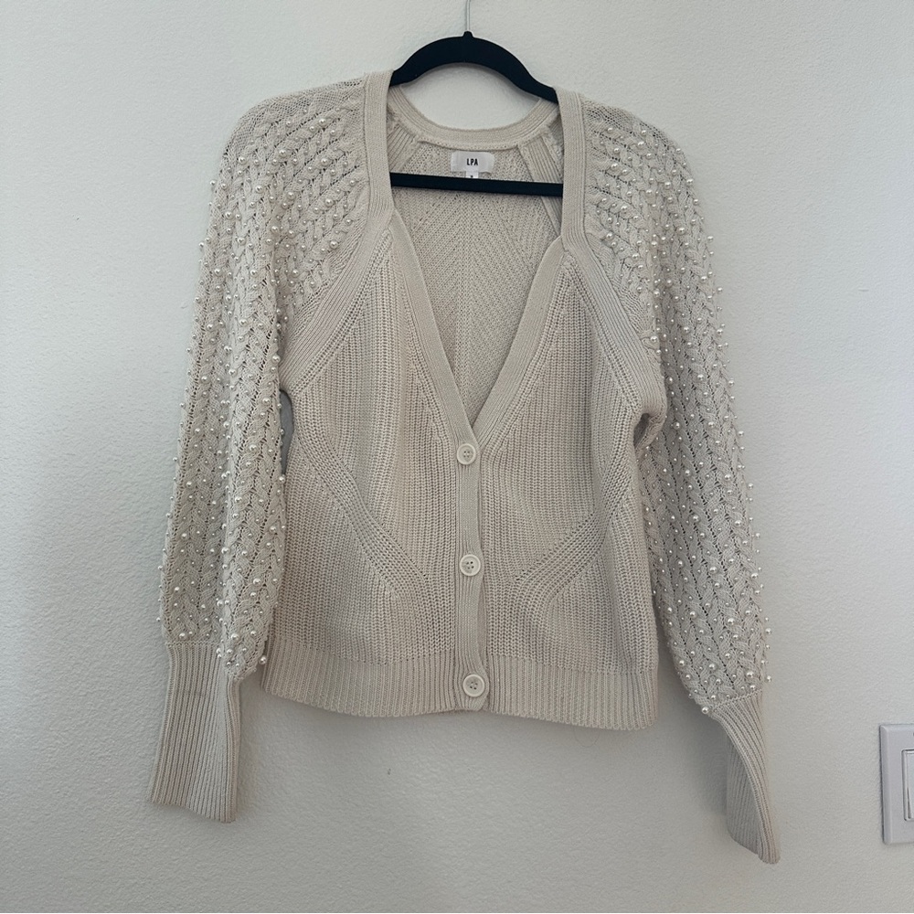 LPA Cream Pearl Embellished Cardigan